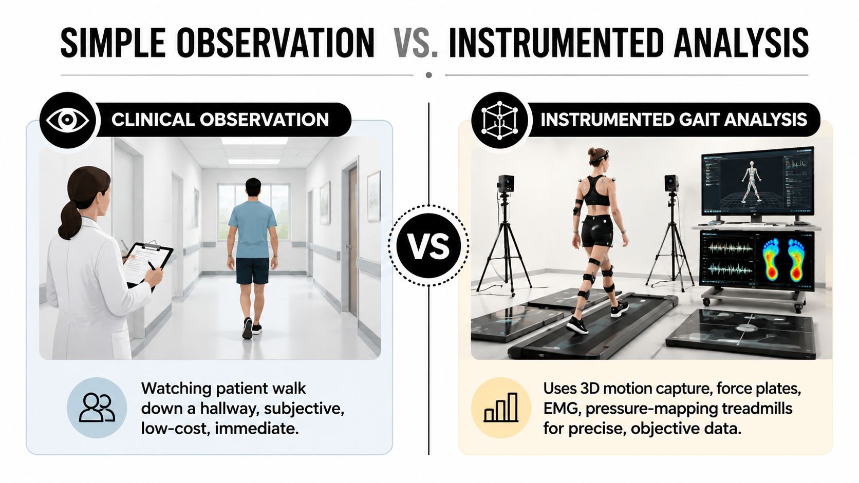 A comparison illustration showing clinical observation versus instrumented gait analysis for physical therapy assessment.