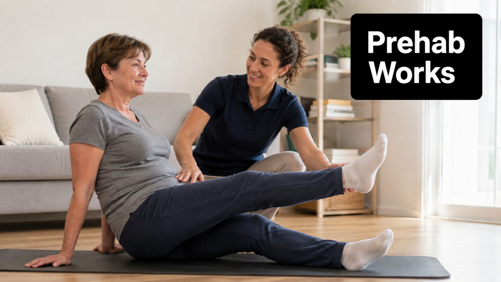 A physical therapist helps an older woman perform leg exercises on a yoga mat at home.