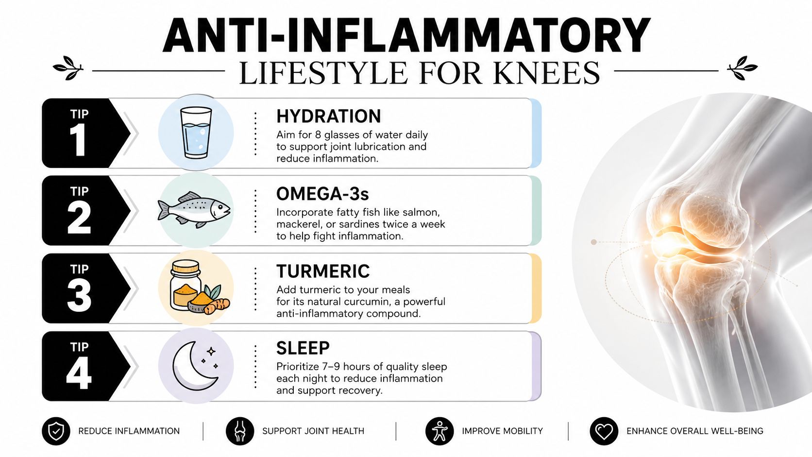An infographic showing four natural lifestyle tips for reducing knee pain, including hydration, omega-3s, turmeric, and sleep.