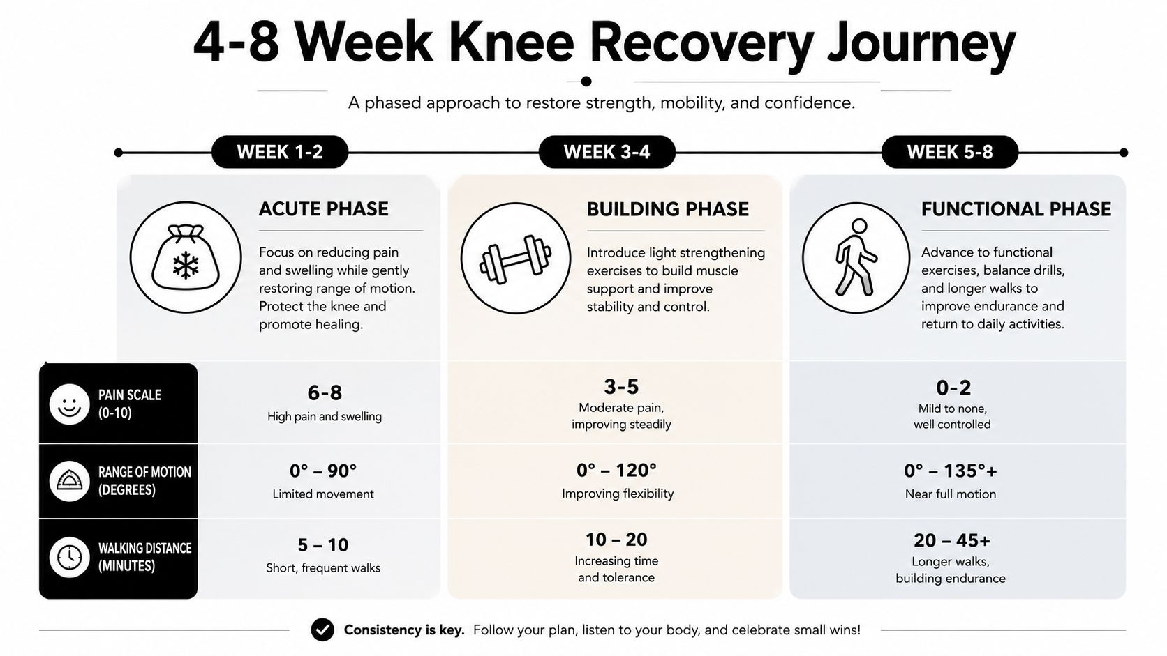 An infographic detailing a 4 to 8 week knee recovery journey with phases, pain levels, and mobility goals.
