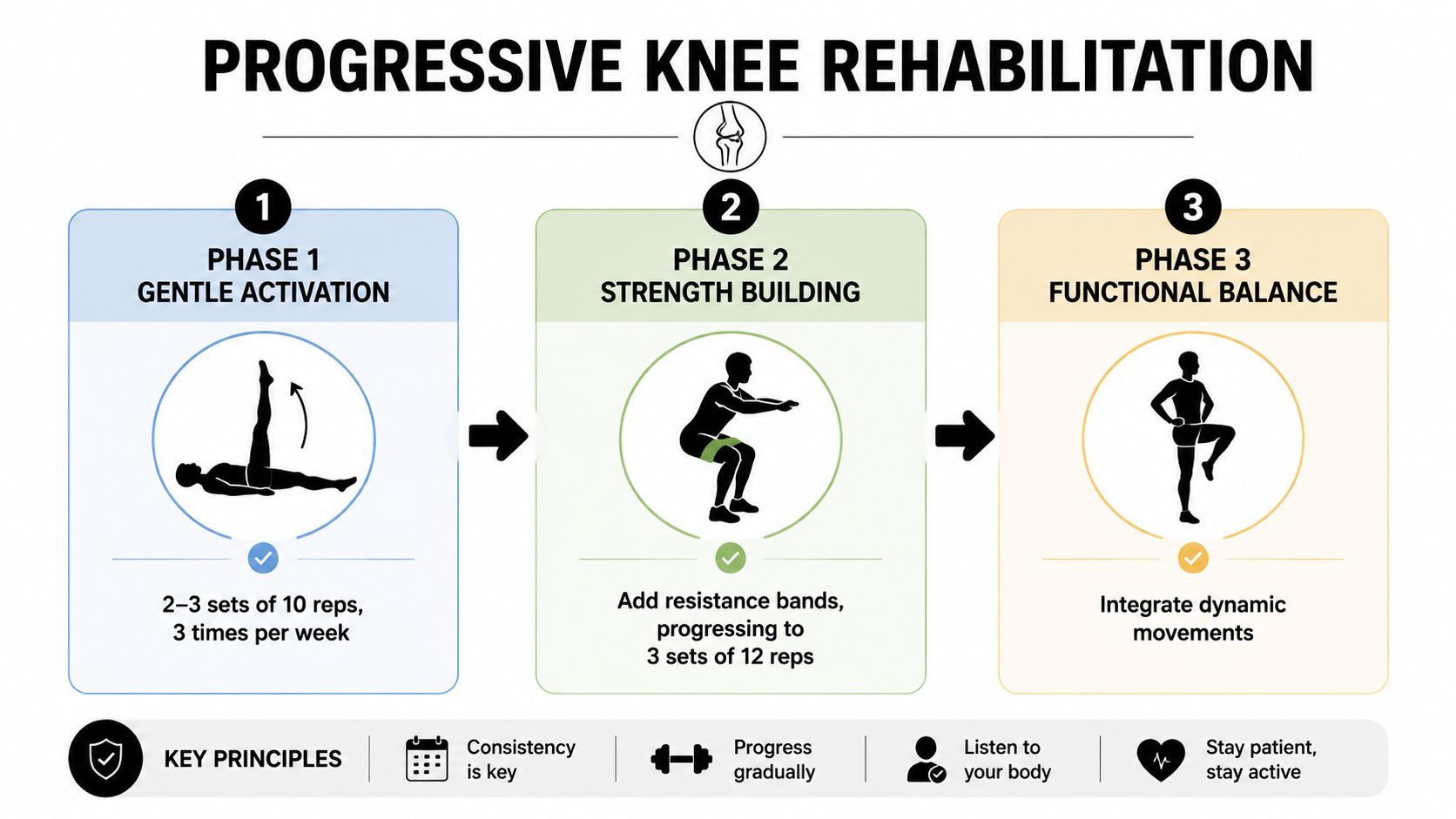 A three-phase infographic illustrating progressive knee rehabilitation exercises ranging from gentle activation to functional balance.