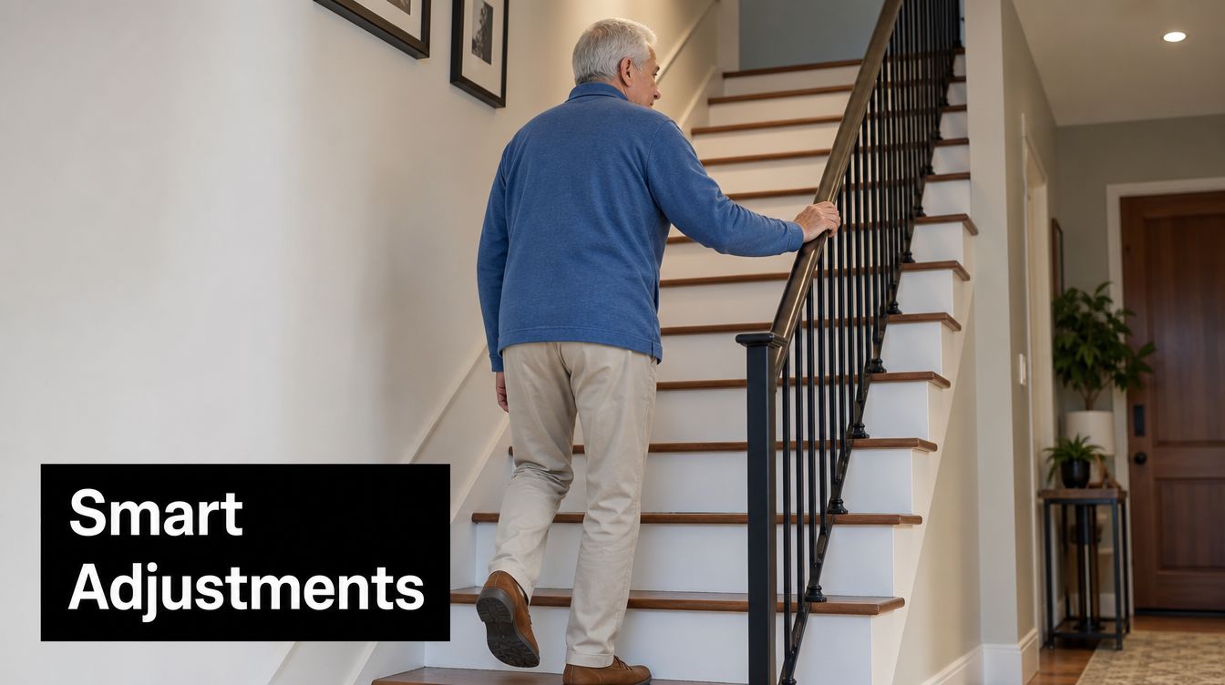 An elderly man holding the handrail while carefully climbing up a staircase inside a home.
