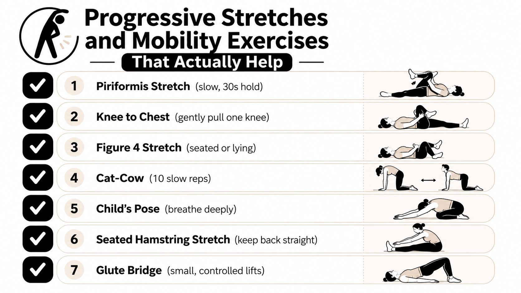 A numbered list of seven progressive stretches and mobility exercises designed to help with pain relief.