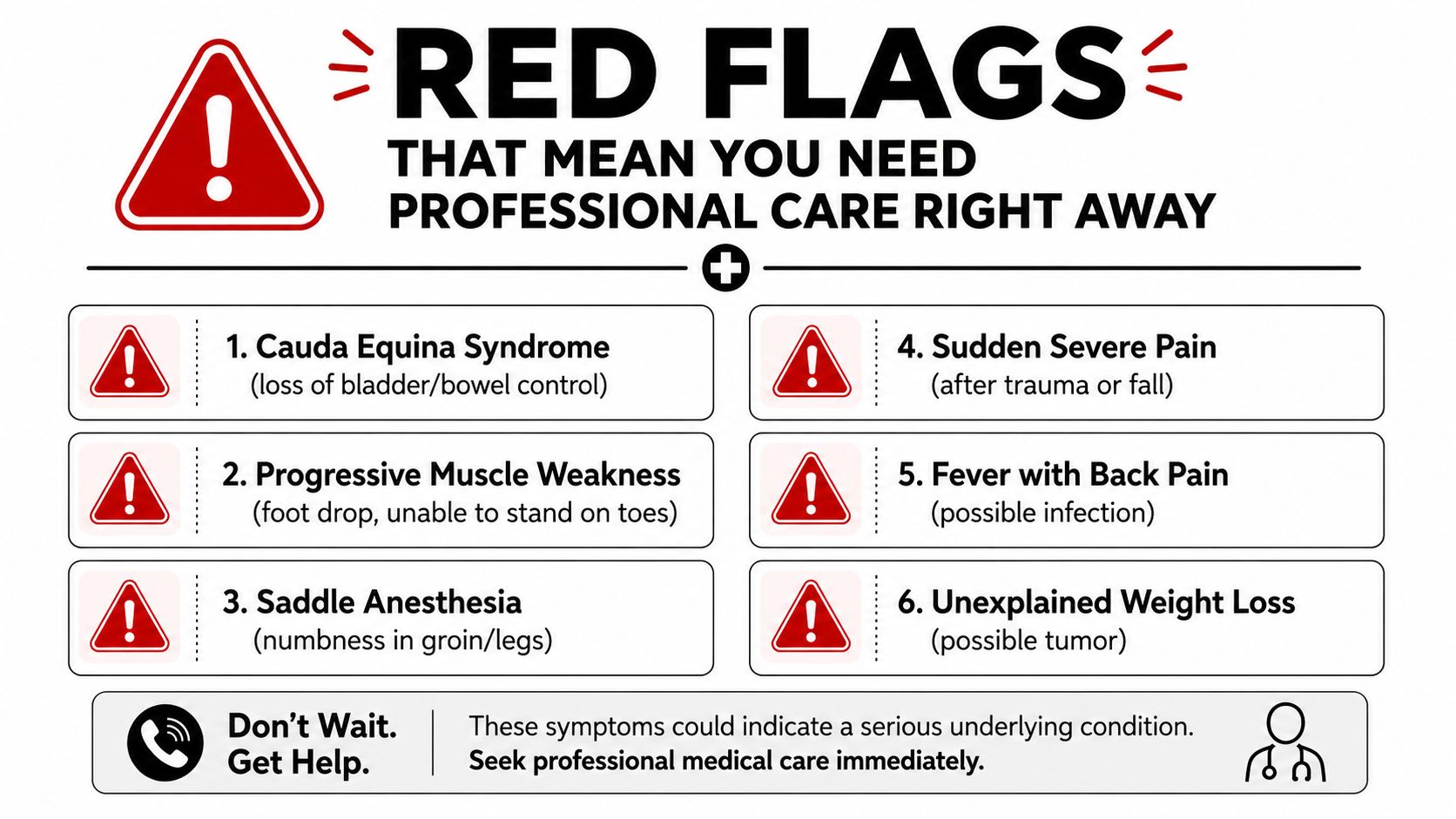An educational graphic listing six serious red flag symptoms that require immediate medical professional evaluation.
