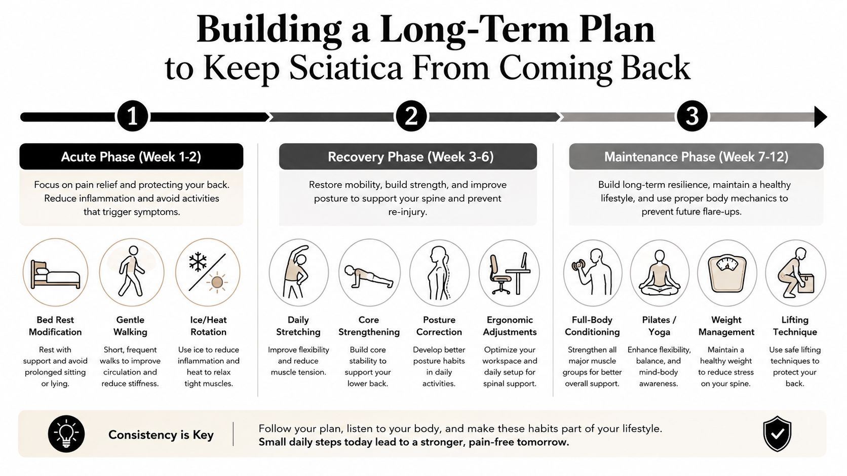 A three-phase plan infographic detailing steps to prevent sciatica recurrence through rest, exercise, and lifestyle changes.