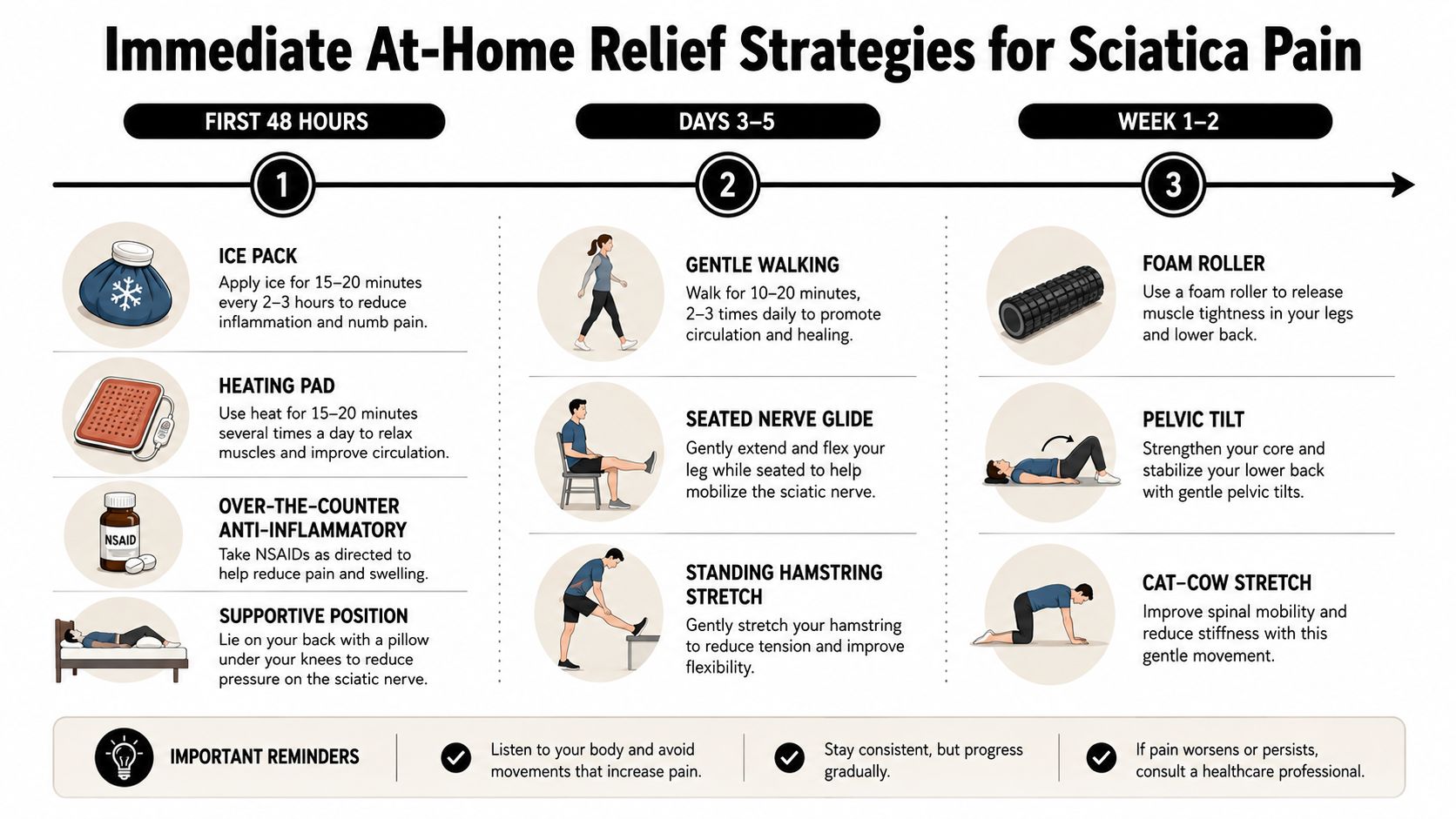 An infographic showing step-by-step at-home relief strategies for sciatica pain over a two-week period.