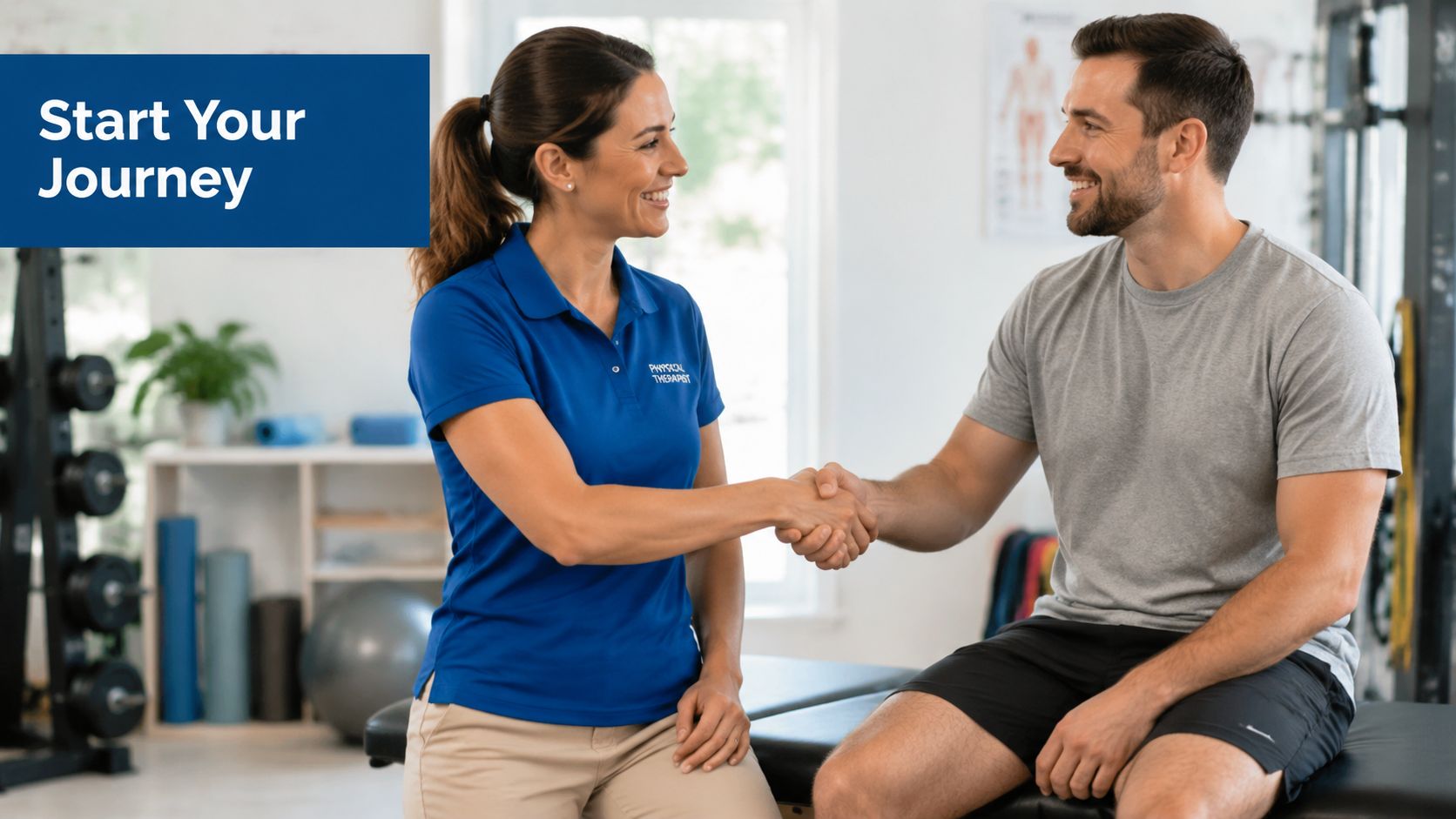 A smiling physical therapist shaking hands with a male patient in a bright rehabilitation clinic setting.