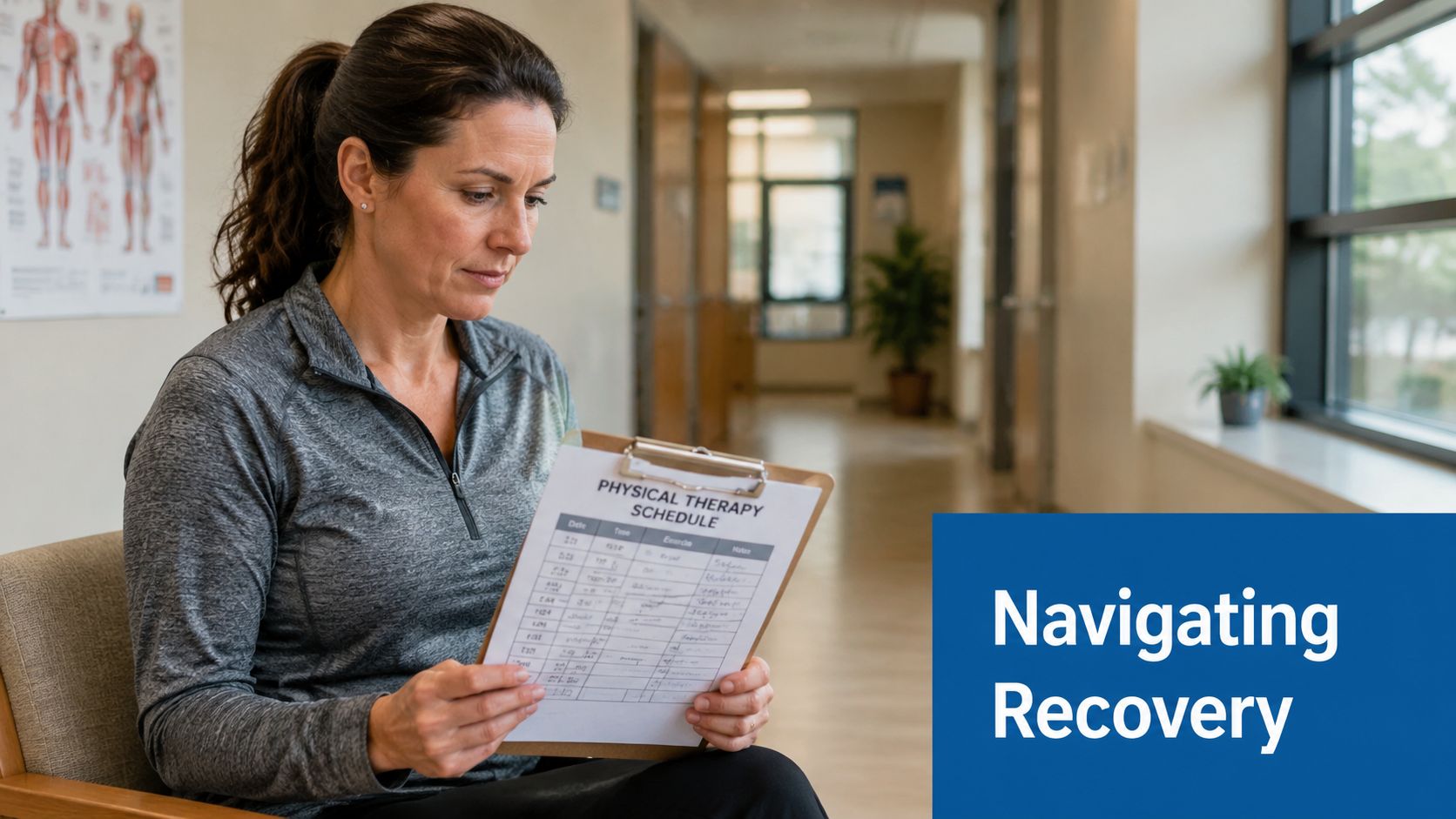 A middle-aged woman in athletic wear reviews her physical therapy schedule while waiting in a clinic hallway.