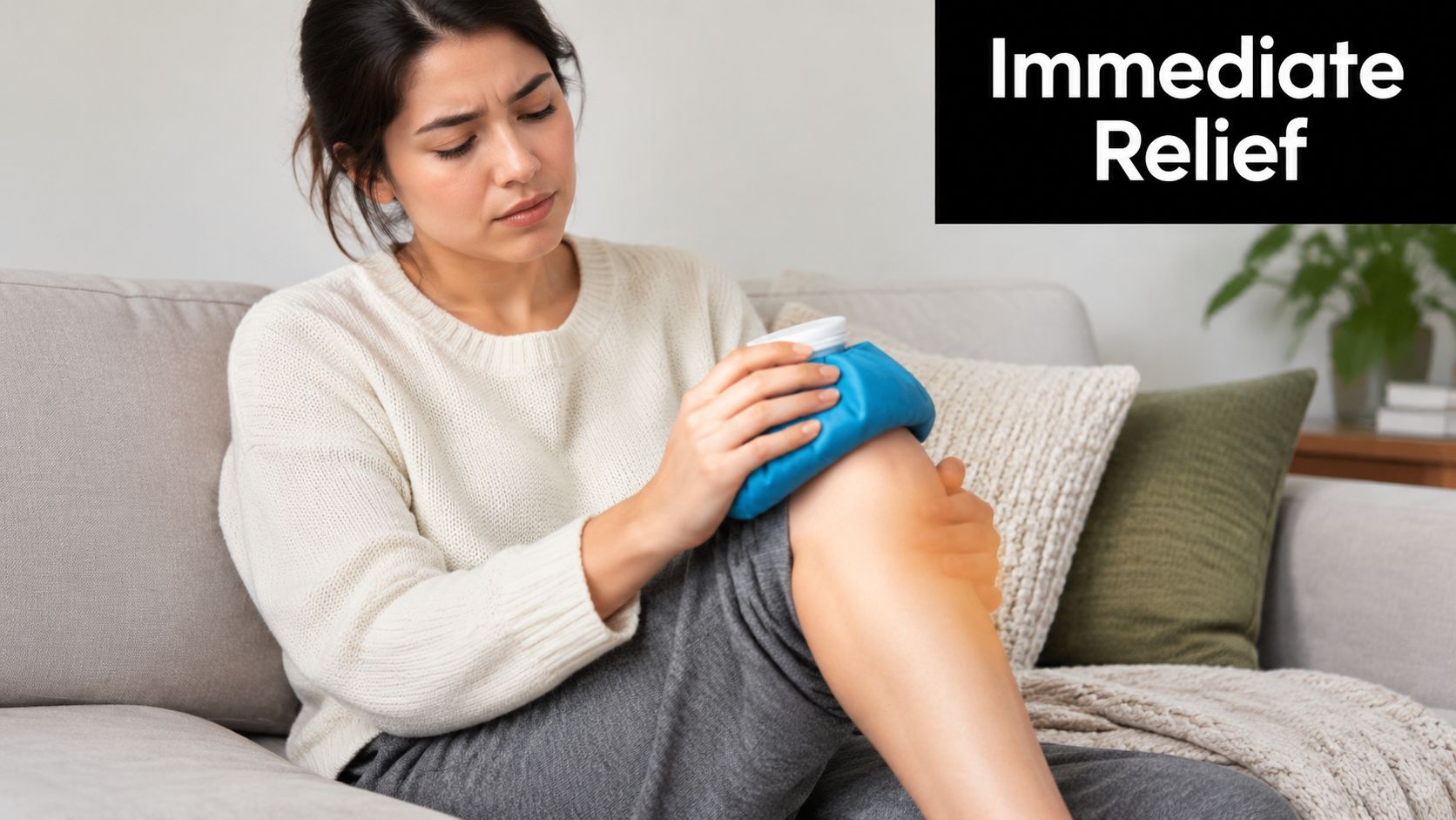 A woman sitting on a sofa applying an ice pack to her knee to help alleviate pain.