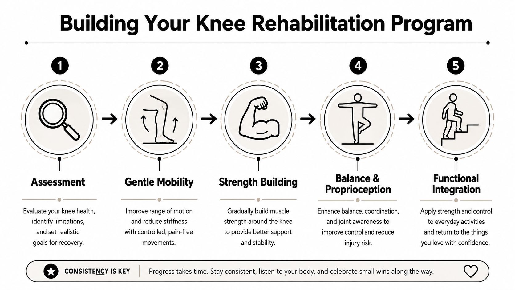 A step-by-step infographic titled Building Your Knee Rehabilitation Program showing five stages of recovery.