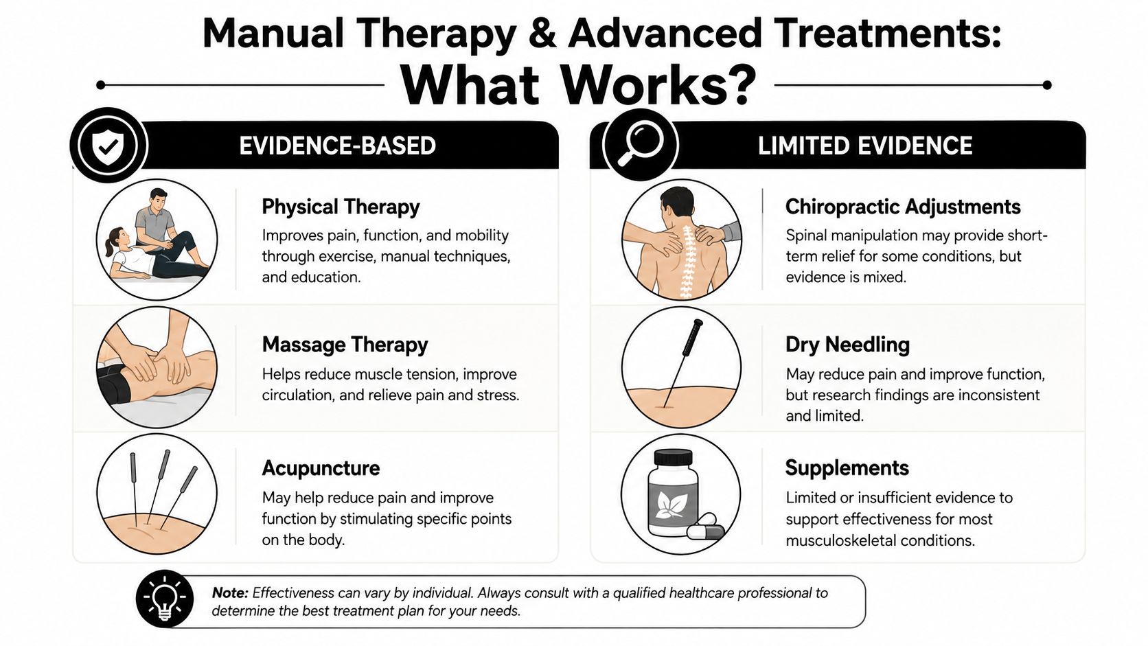 A comparison chart showing evidence-based treatments versus limited evidence treatments for musculoskeletal conditions and pain management.