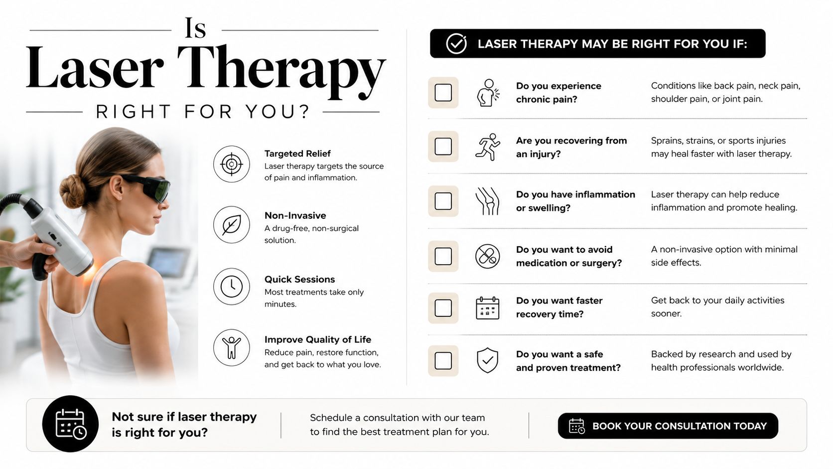 A woman receiving laser therapy treatment on her shoulder, with a checklist of benefits and consultation information.