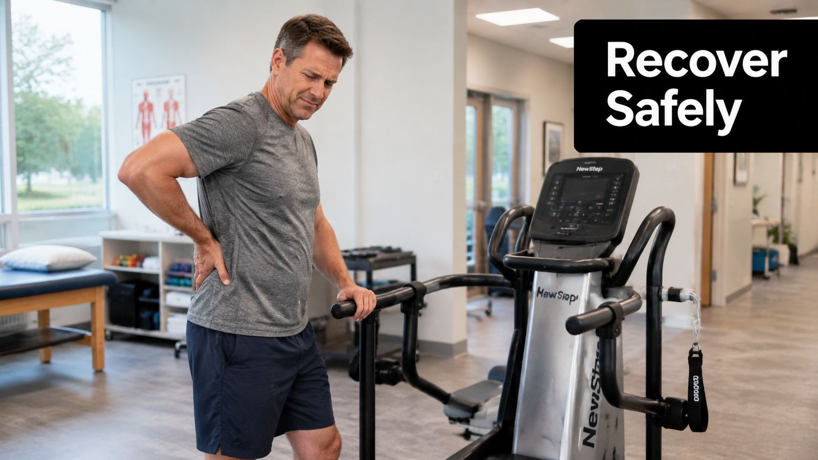 A man holds his lower back in pain while standing next to a NewStep exercise machine indoors.