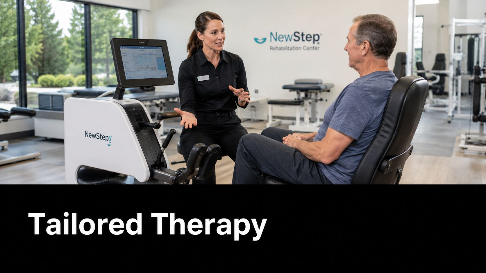 A rehabilitation therapist discusses a personalized exercise plan with a patient at a modern medical clinic.