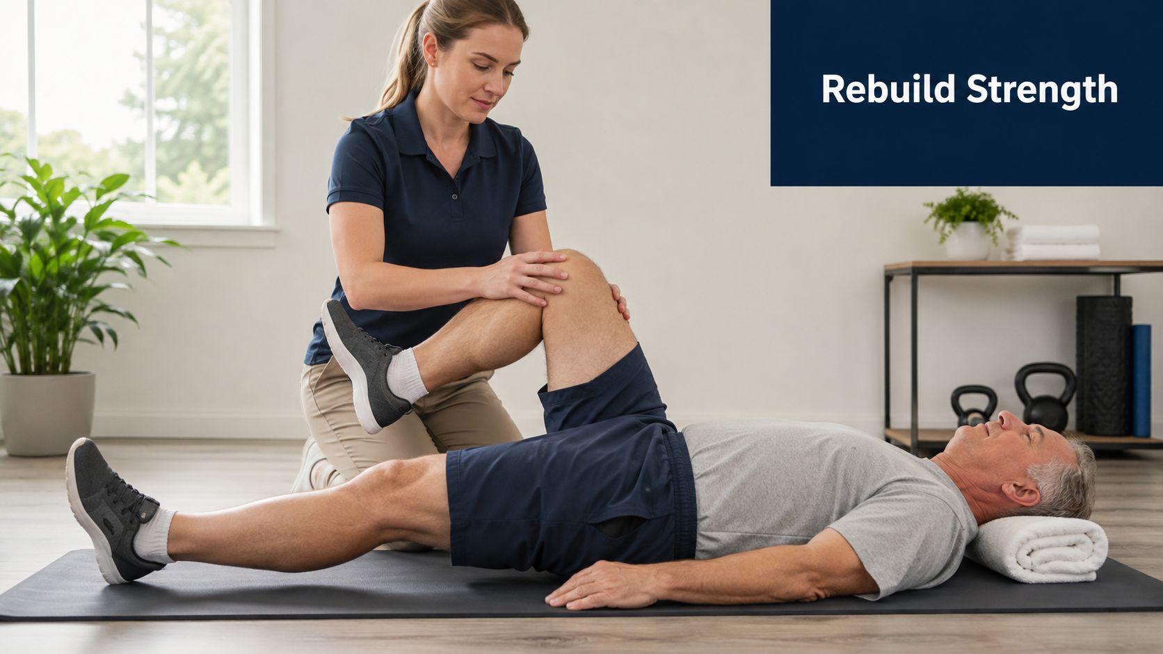 A physical therapist assists an older man with knee rehabilitation exercises while he lies on a mat.