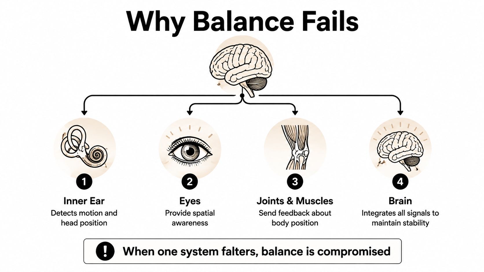 An infographic showing the four sensory systems, inner ear, eyes, joints, and brain, that maintain human body balance.