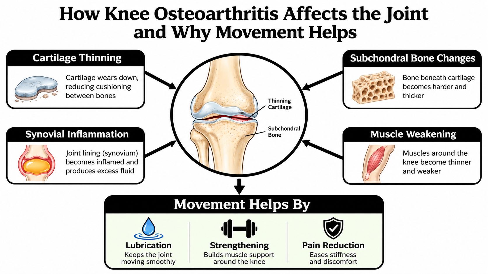 An infographic showing how osteoarthritis affects knee joints and how physical movement helps reduce pain.