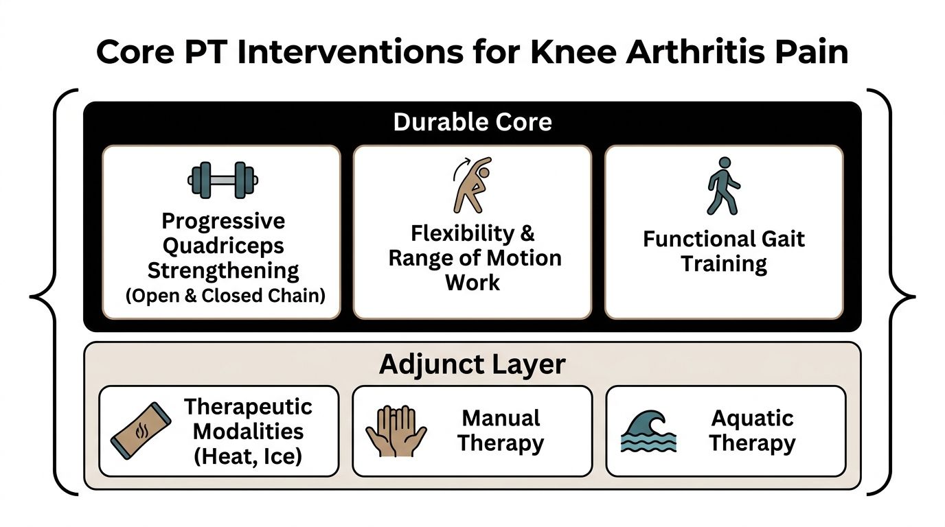 A diagram outlining core physical therapy interventions for knee arthritis pain, categorized into durable core and adjunct layers.