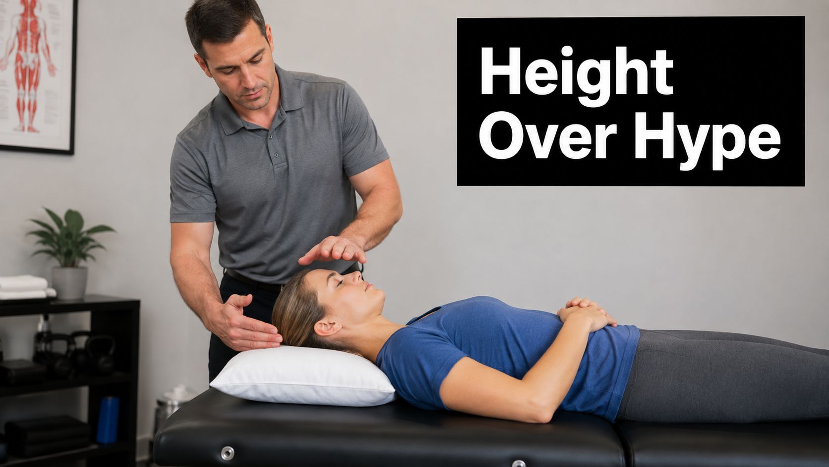 A professional physical therapist gently adjusting a woman's head while she lies on a massage table.