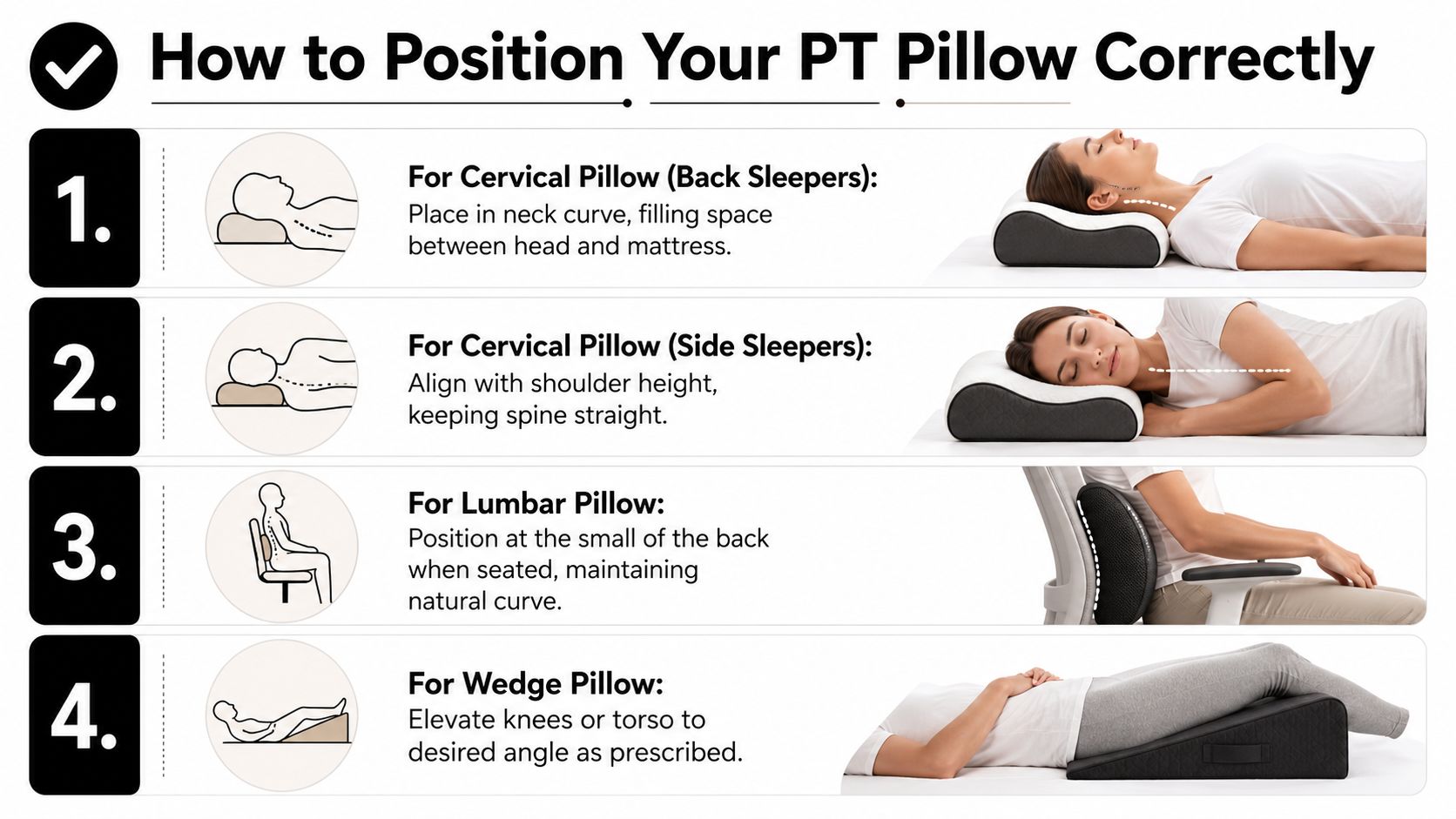 A four-step instructional guide on the correct positioning of various physical therapy pillows for body support.