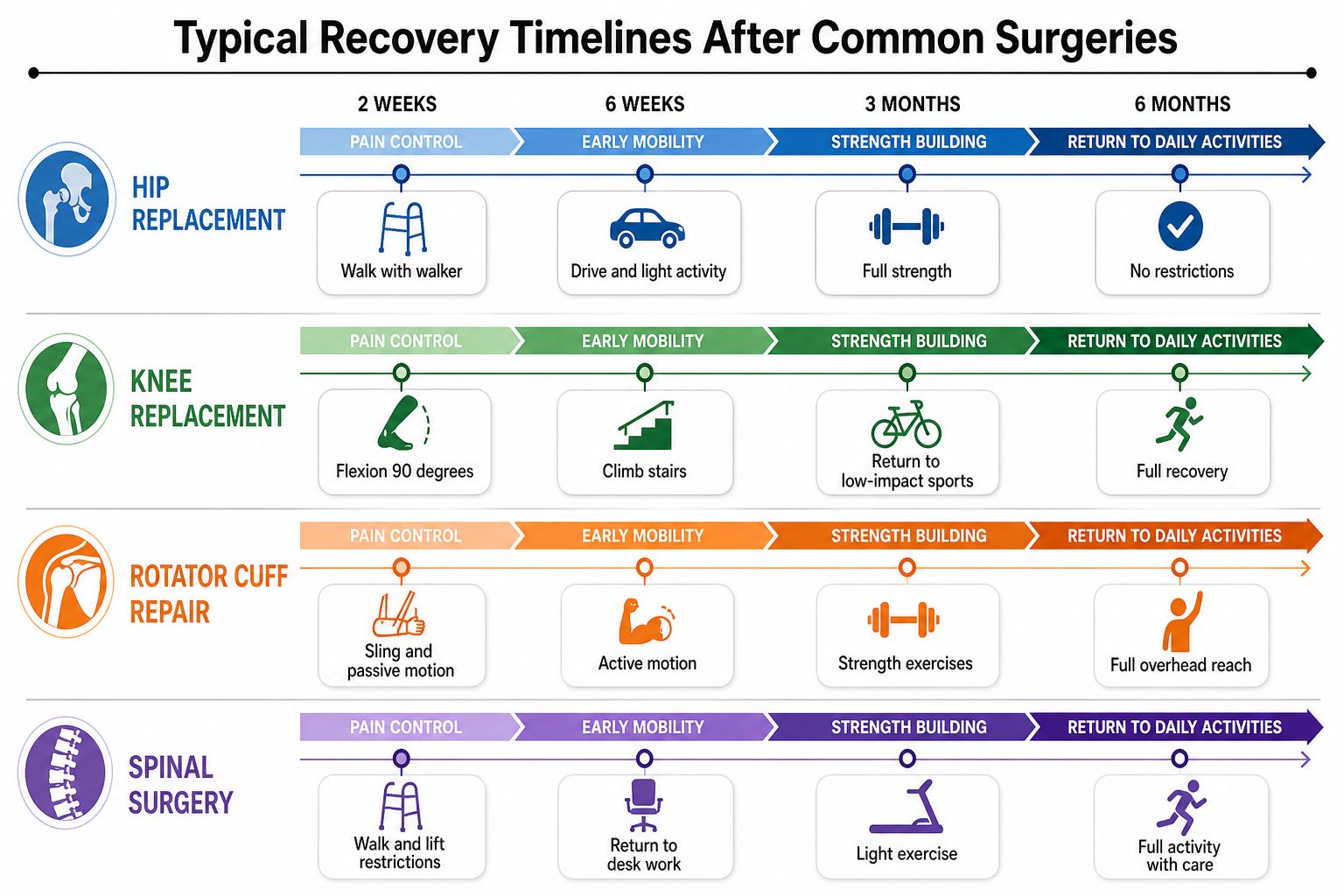 A chart detailing the typical recovery milestones and timelines for hip, knee, rotator cuff, and spinal surgeries.