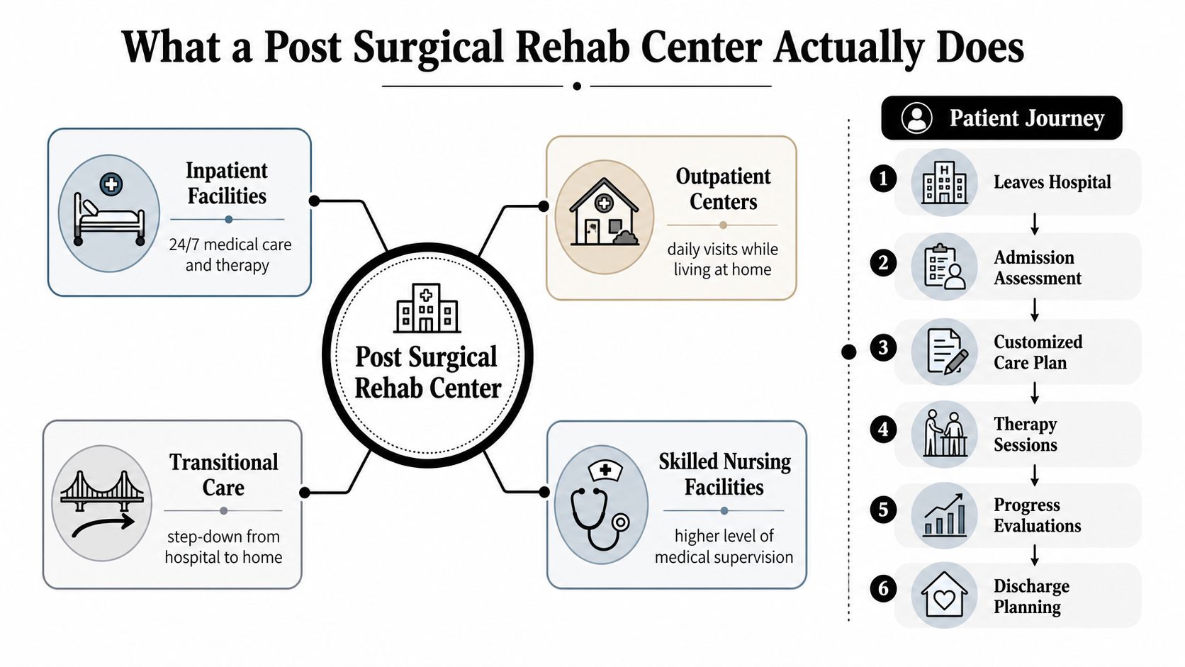 An infographic diagram explaining the types of post surgical rehab centers and the step by step patient journey.