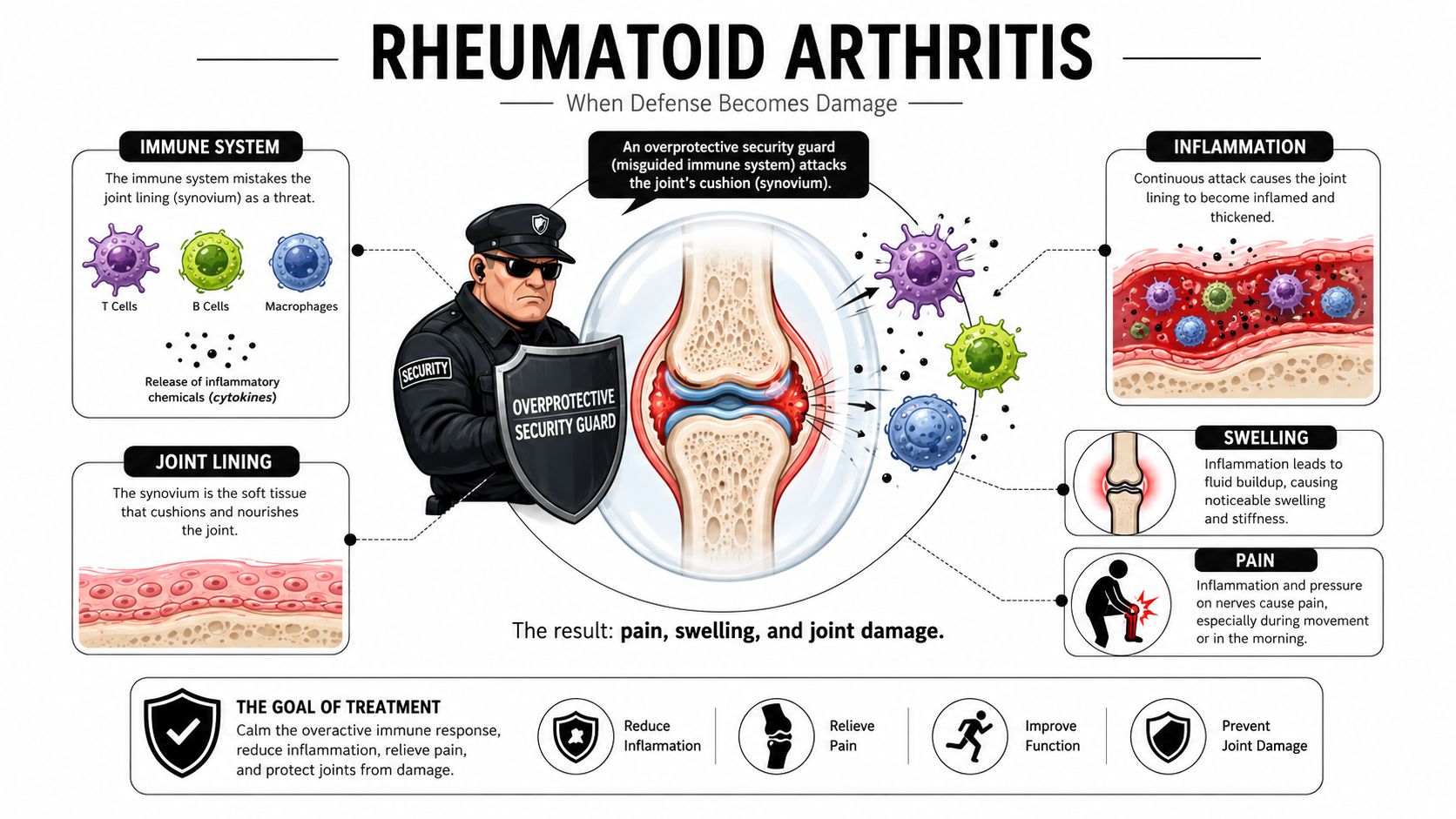 An infographic illustration explaining the immune system process behind rheumatoid arthritis, joint damage, and treatment goals.