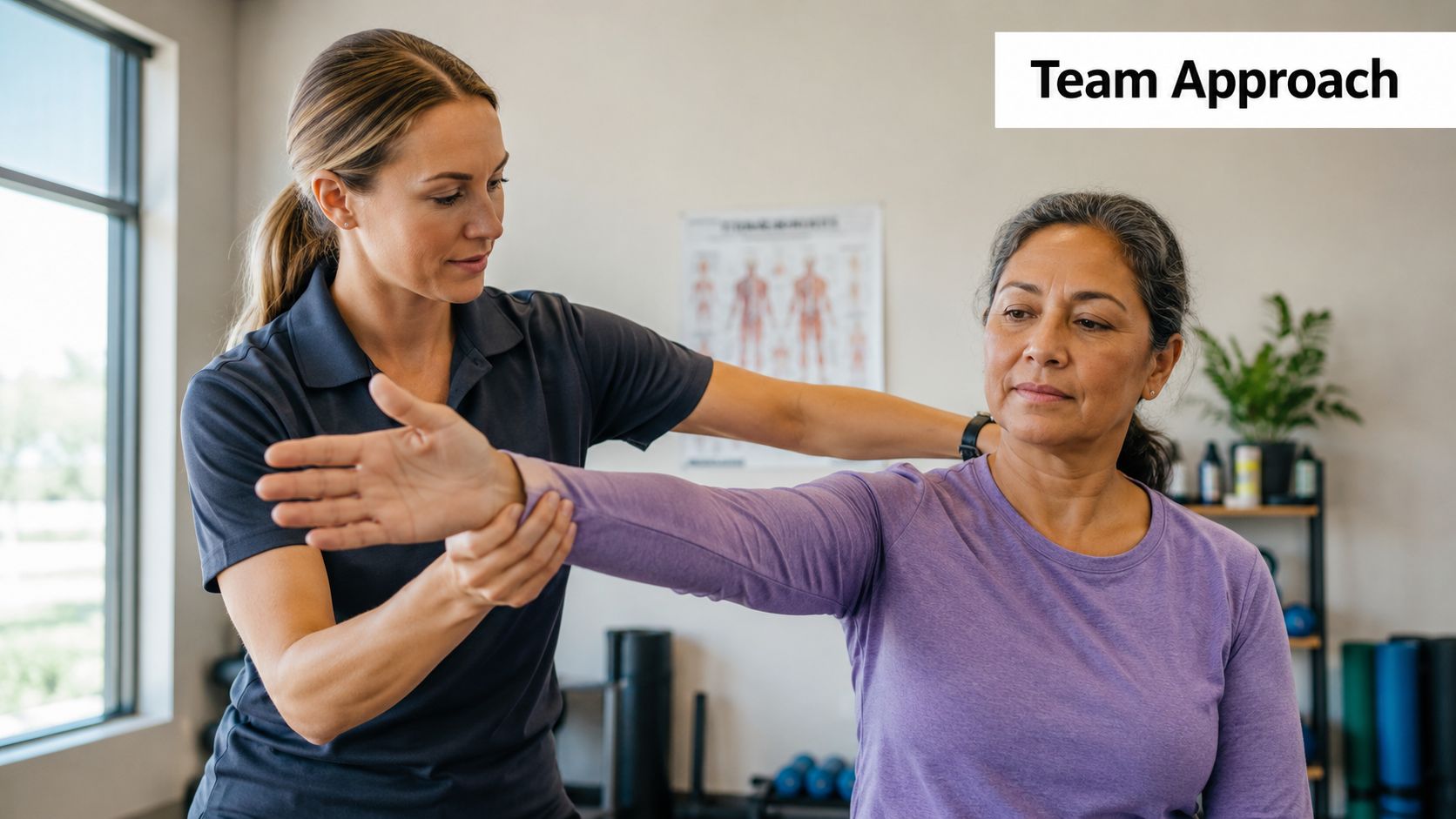A physical therapist guiding a patient through a shoulder range of motion exercise in a clinic setting.