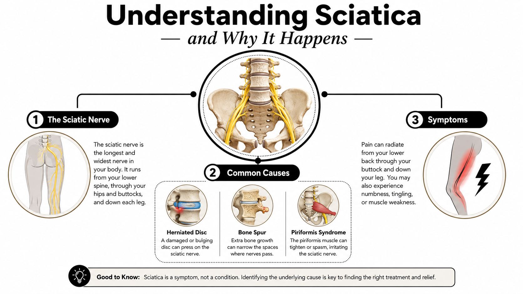 An infographic showing the sciatic nerve, common causes of sciatica like herniated discs, and typical symptoms.