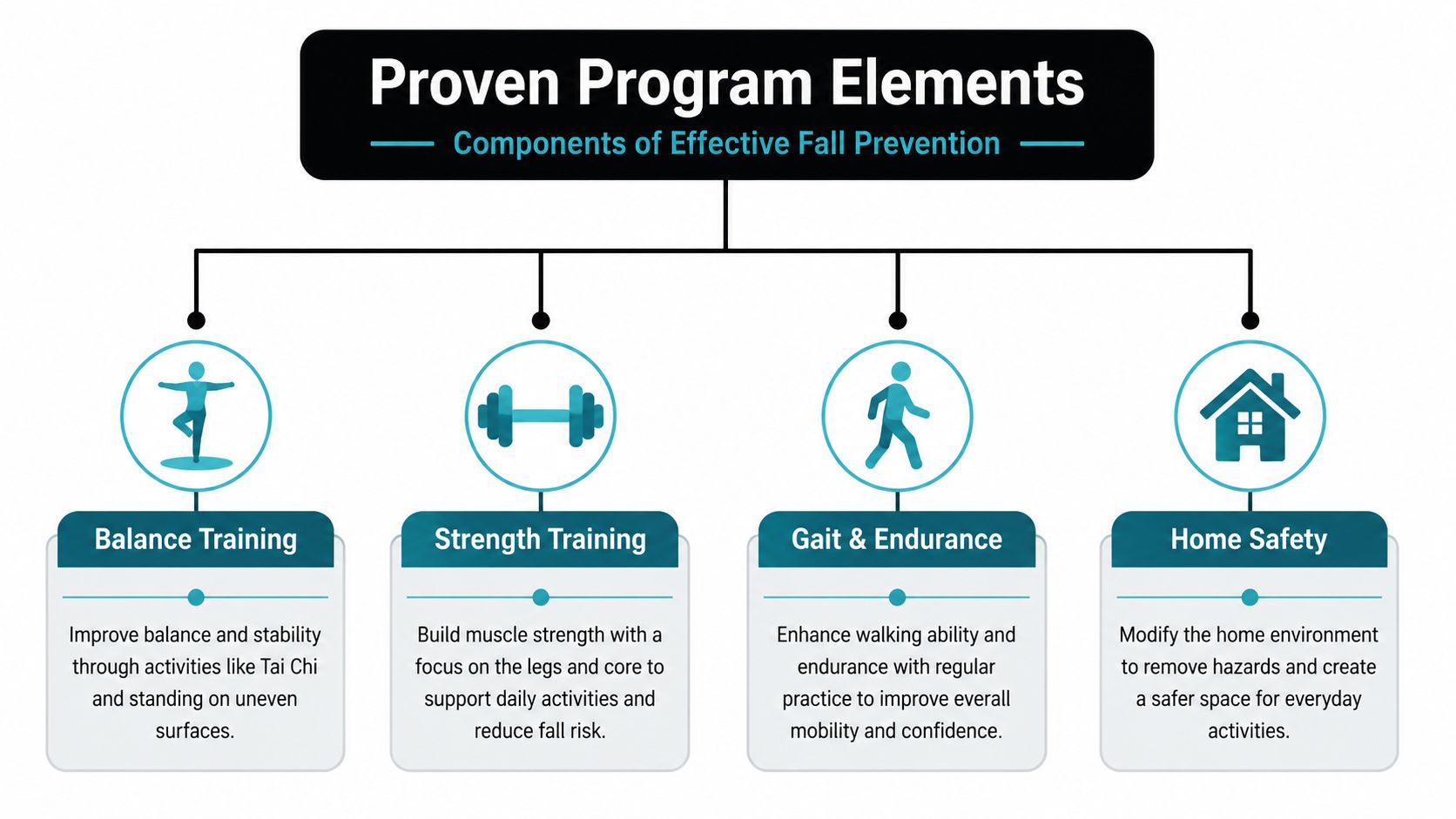 An infographic chart displaying four essential components of effective senior fall prevention programs: balance training, strength training, gait, and home safety.