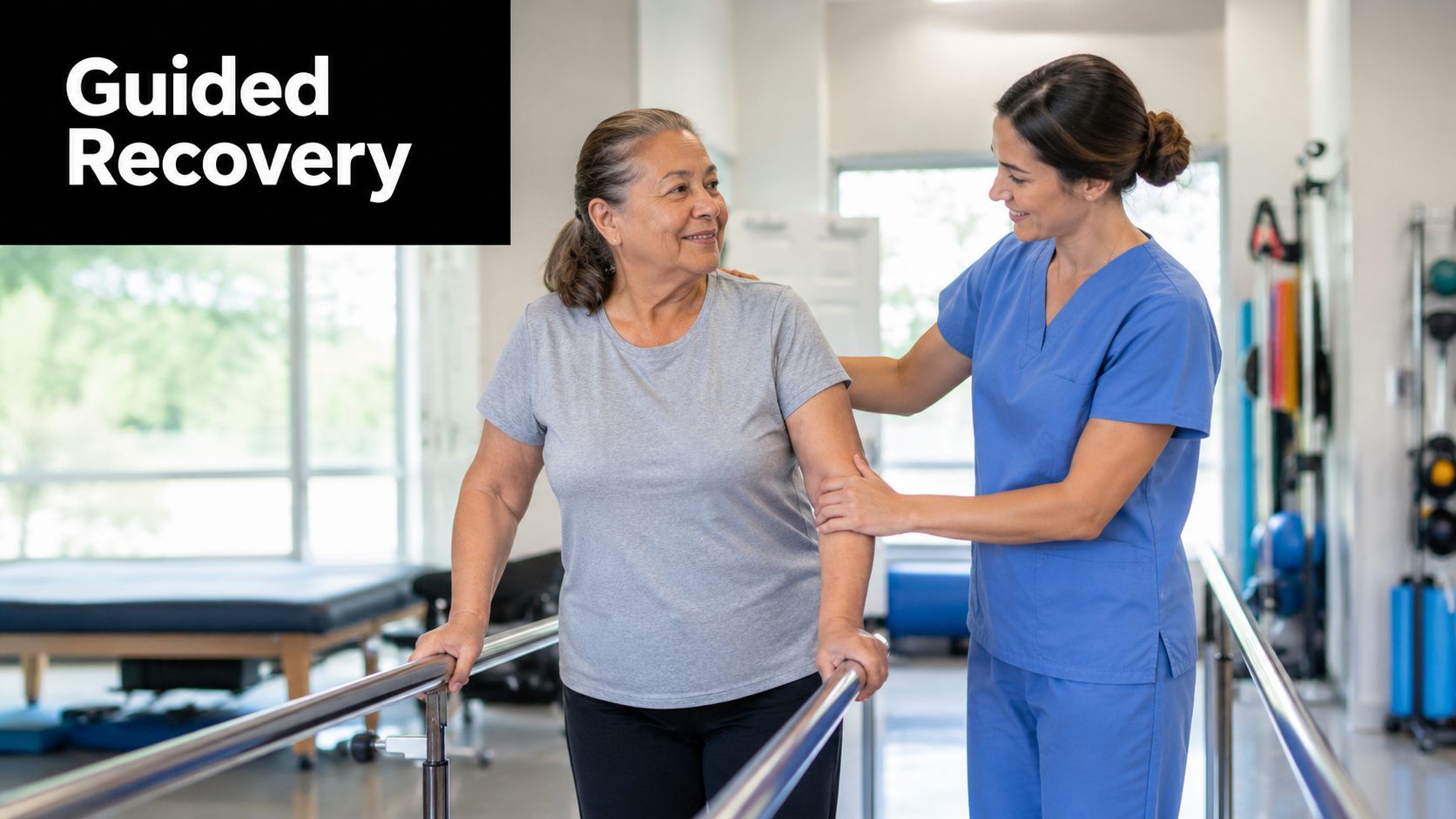 A female physical therapist assists an older woman walking between parallel bars in a rehabilitation clinic.