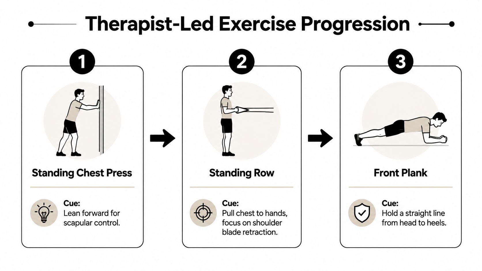 An infographic showing a three-step therapist-led exercise progression: Standing Chest Press, Standing Row, and Front Plank.