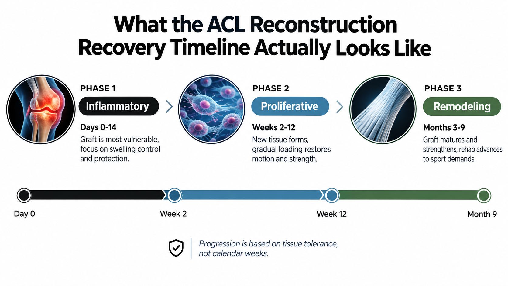 A visual timeline infographic illustrating the three main phases of ACL reconstruction recovery from surgery to maturation.
