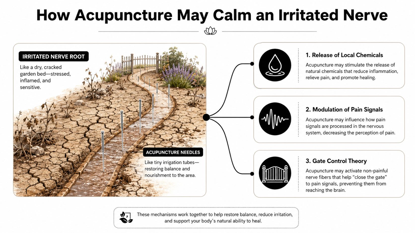 An infographic illustrating how acupuncture treats irritated nerves by restoring balance, like irrigation to dry soil.
