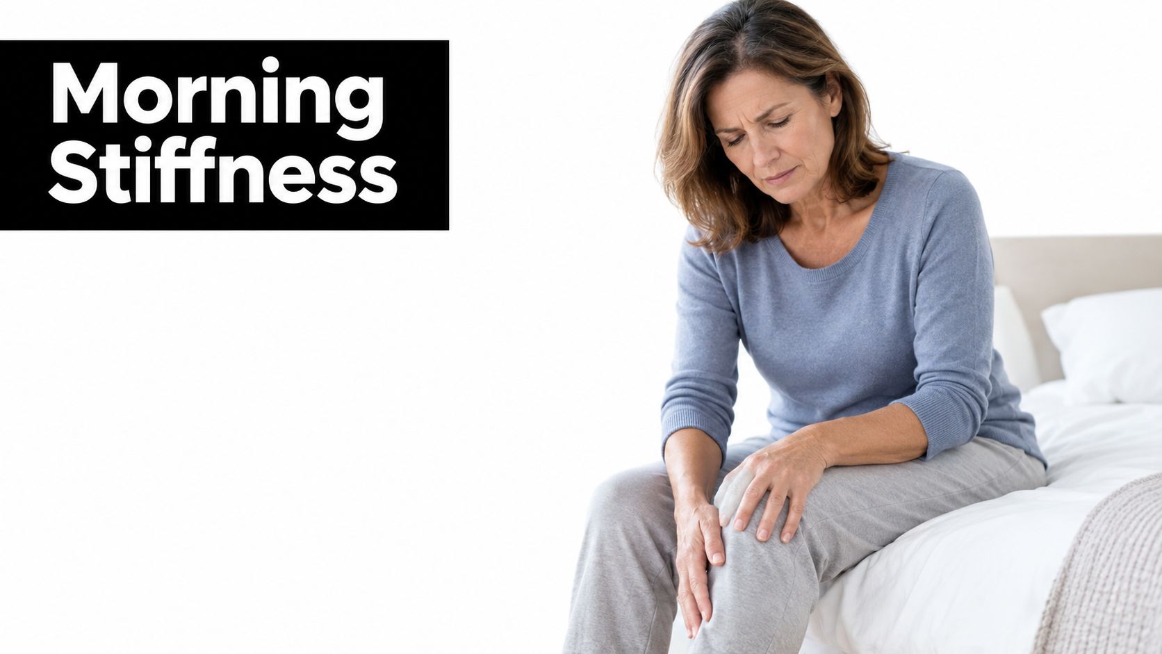 A middle-aged woman sitting on the edge of her bed holding her knee in pain.
