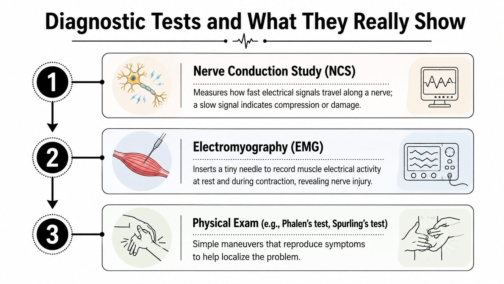 A diagram illustrating three diagnostic tests used to assess nerve conditions like nerve conduction studies and physical exams.