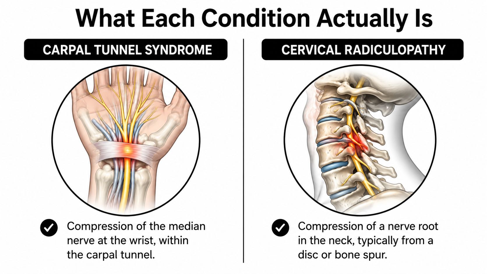 A diagram comparing carpal tunnel syndrome, which affects the wrist, and cervical radiculopathy, which affects the neck.