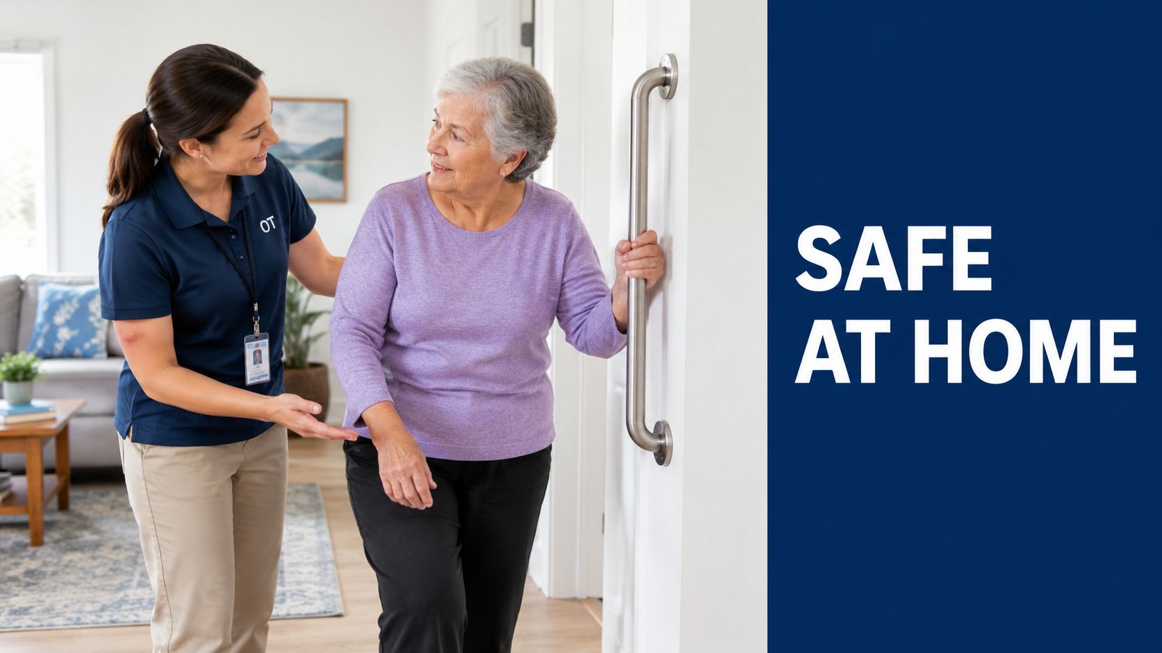 A professional occupational therapist assisting an elderly woman walking safely using a handrail in her home.
