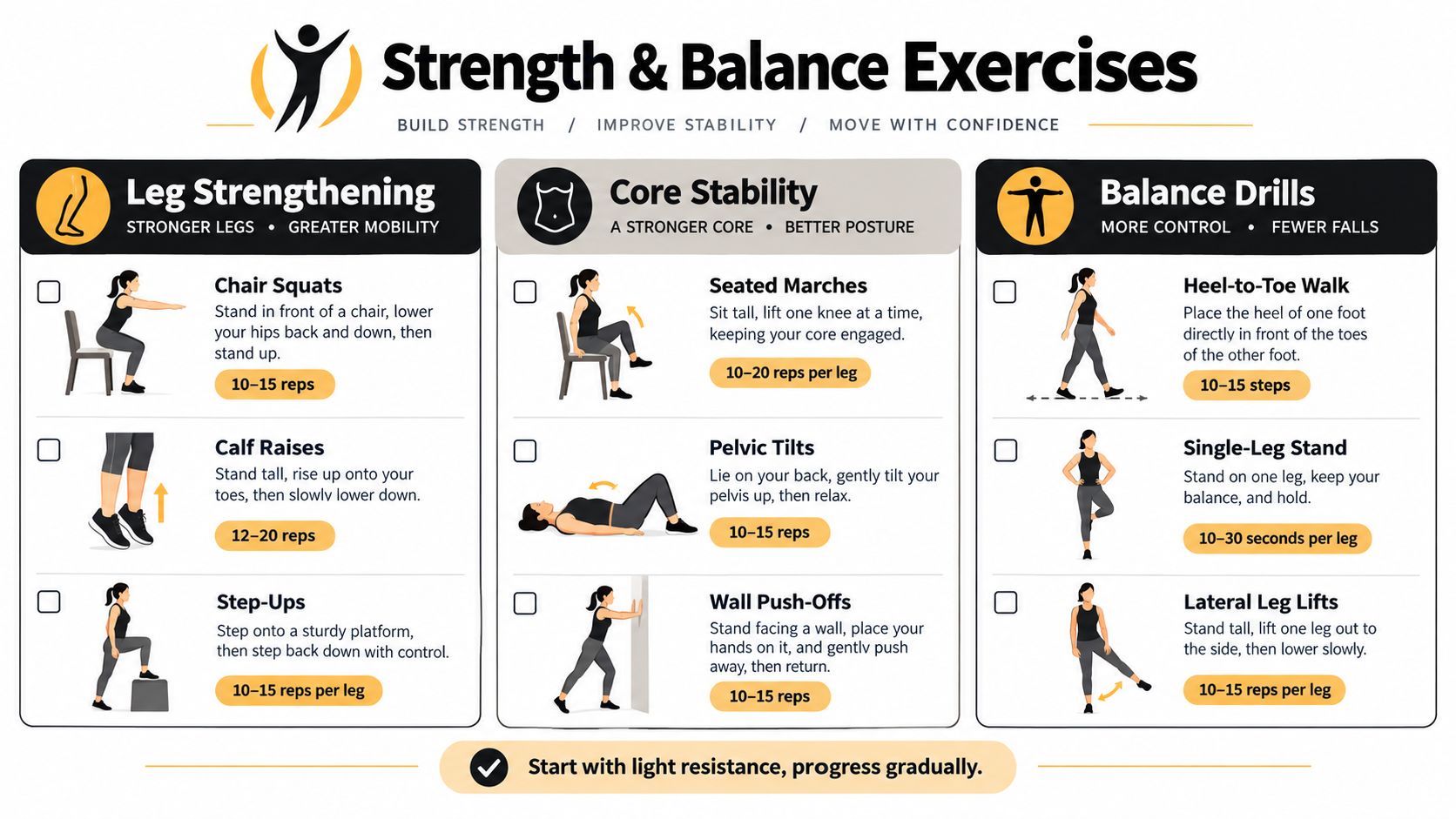 A fitness infographic featuring strength and balance exercises including leg, core, and balance routines for seniors.