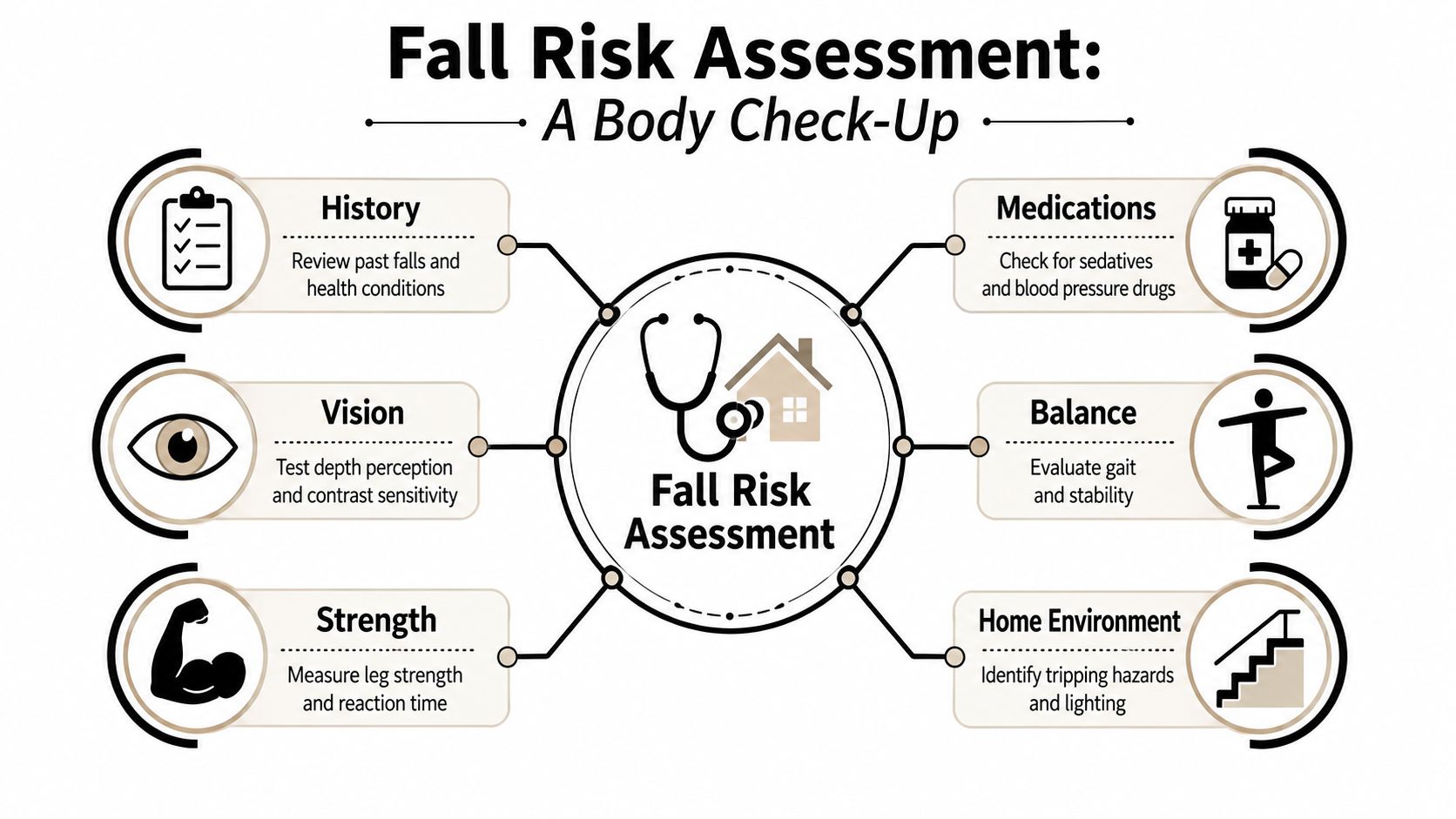 An infographic titled Fall Risk Assessment illustrating six key areas to monitor for fall prevention in older adults.