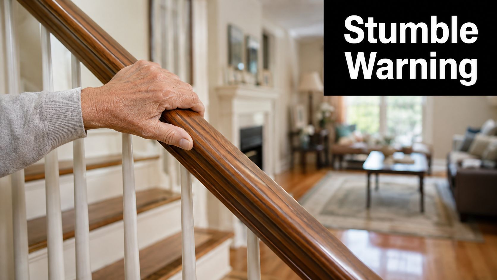 A close-up of an elderly person's hand firmly gripping a wooden handrail while descending a staircase.