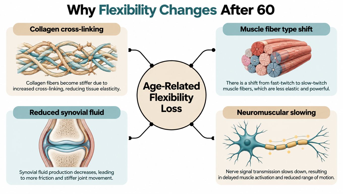 An infographic showing four biological factors that cause age-related loss of flexibility in people over sixty years old.