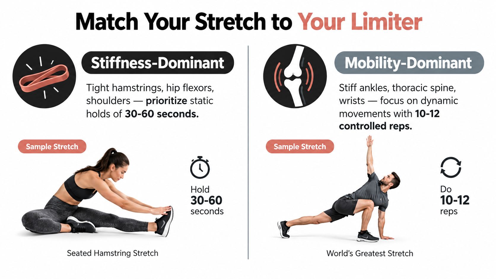 An infographic comparing static stretching for muscle stiffness and dynamic mobility exercises for joint range of motion.