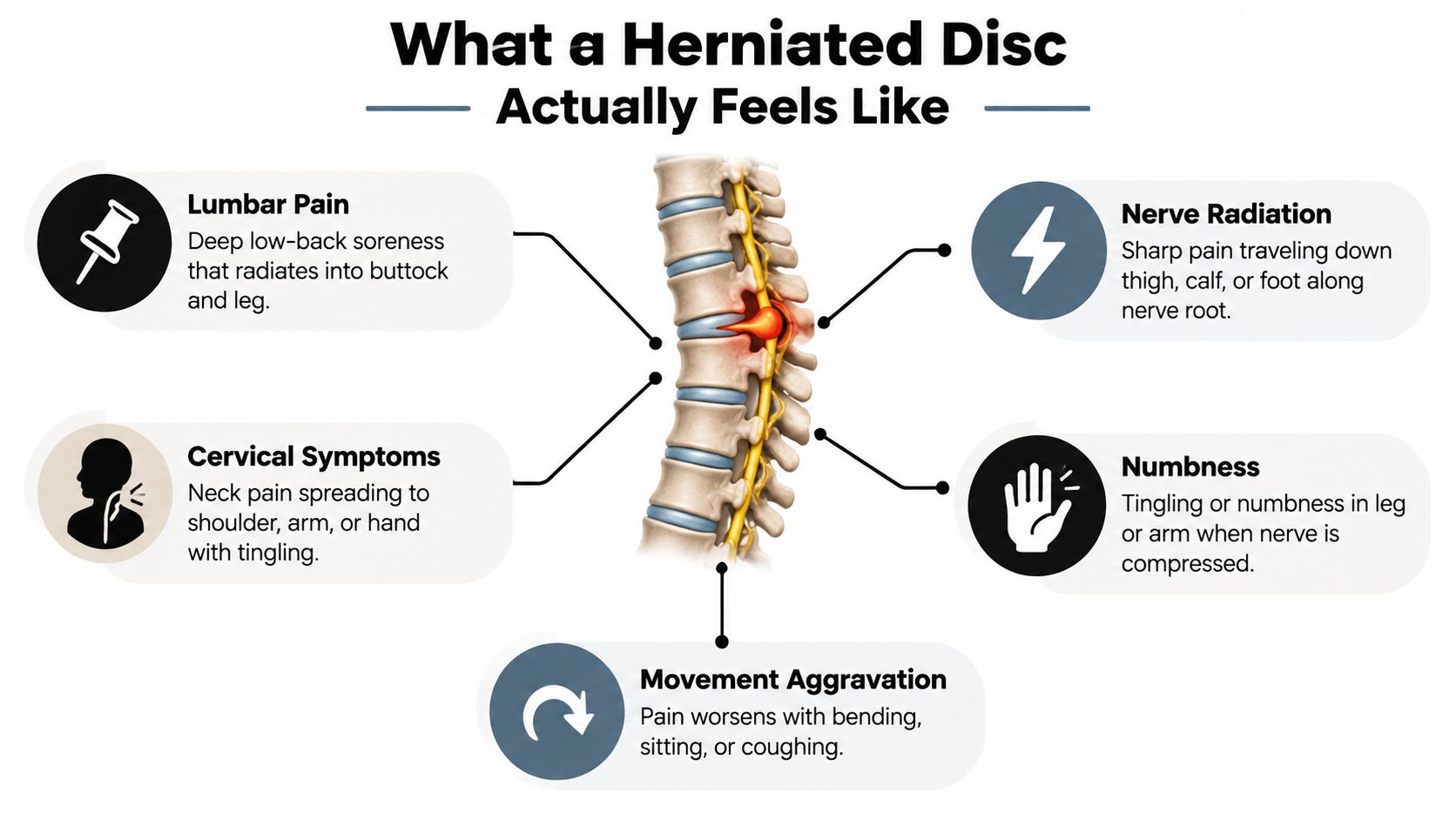 An infographic showing common symptoms of a herniated disc, including back pain, nerve radiation, and numbness.