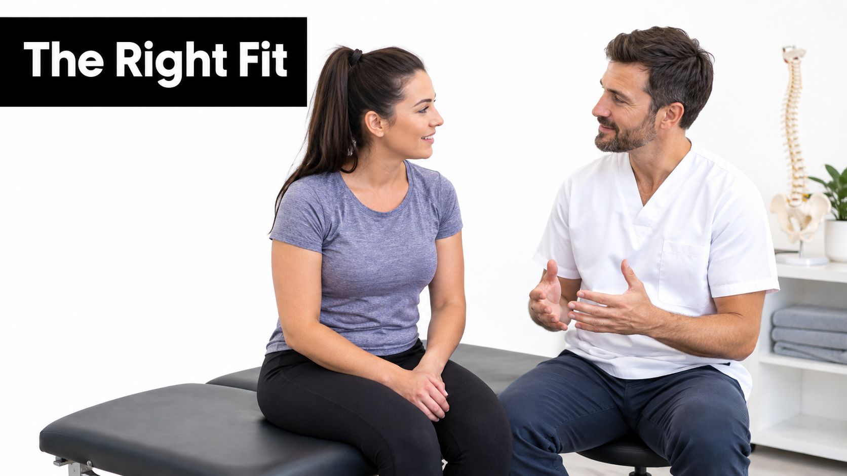 A professional chiropractor consults with a female patient while sitting in a bright medical office setting.
