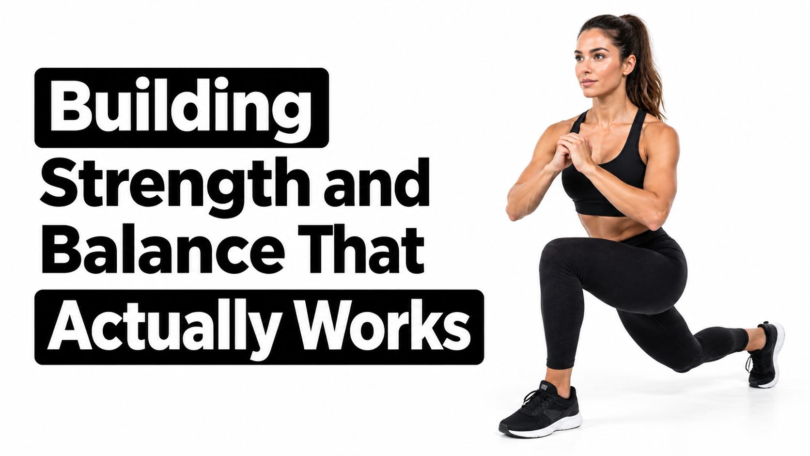 A fit woman in black workout clothes performing a lunge exercise against a clean white background.