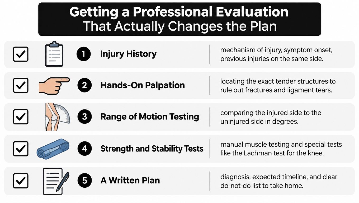 A five-step checklist illustrating the essential components of a professional sports injury evaluation and treatment plan.