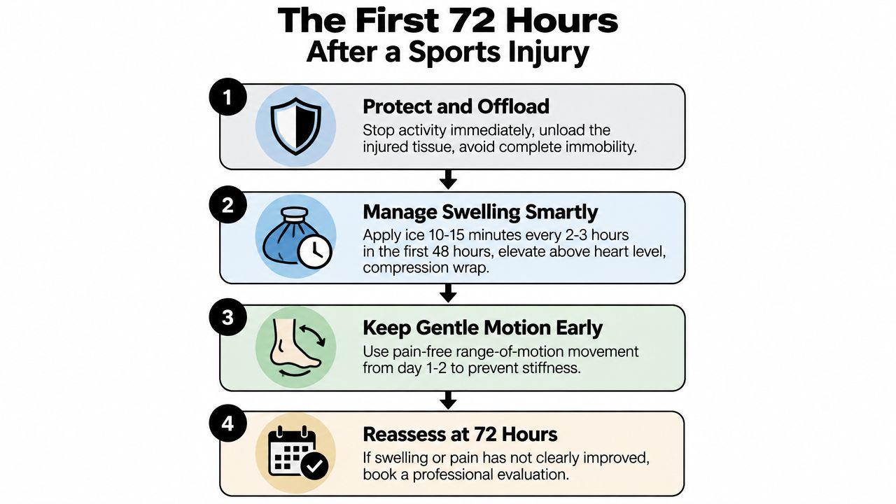 A step-by-step infographic titled The First 72 Hours After a Sports Injury, outlining four essential recovery steps.