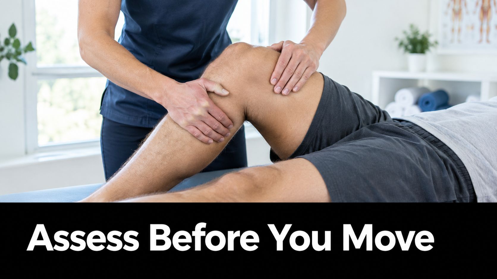 A physical therapist examining a patient's knee joint on an examination table in a bright clinic setting.
