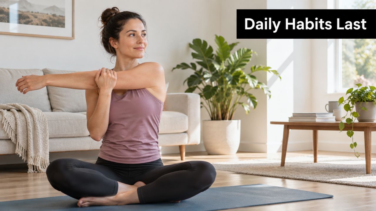 A woman in sportswear practicing a cross-body arm stretch while sitting on a yoga mat at home.